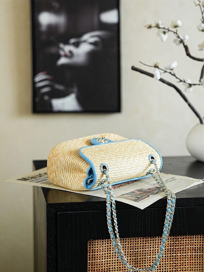 CHANEL Small Flapbag Braided Straw AS6017 blue