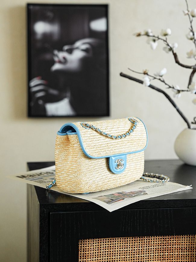CHANEL Small Flapbag Braided Straw AS6017 blue