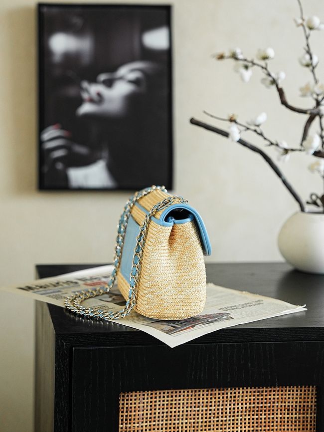 CHANEL Small Flapbag Braided Straw AS6017 blue
