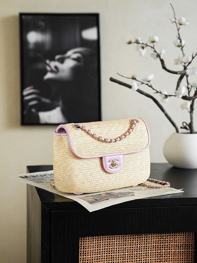 CHANEL Small Flapbag Braided Straw AS6017 light purple