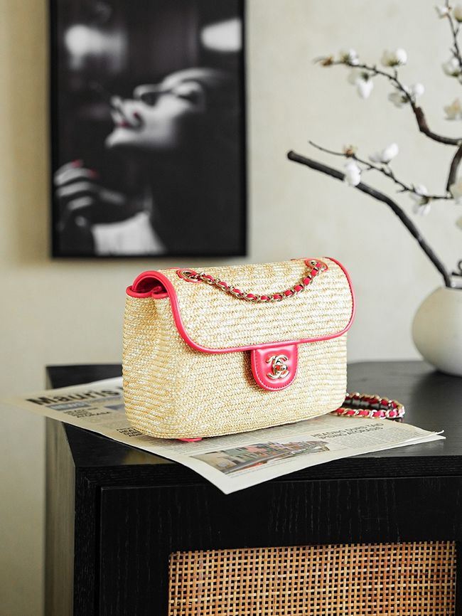 CHANEL Small Flapbag Braided Straw AS6017 red