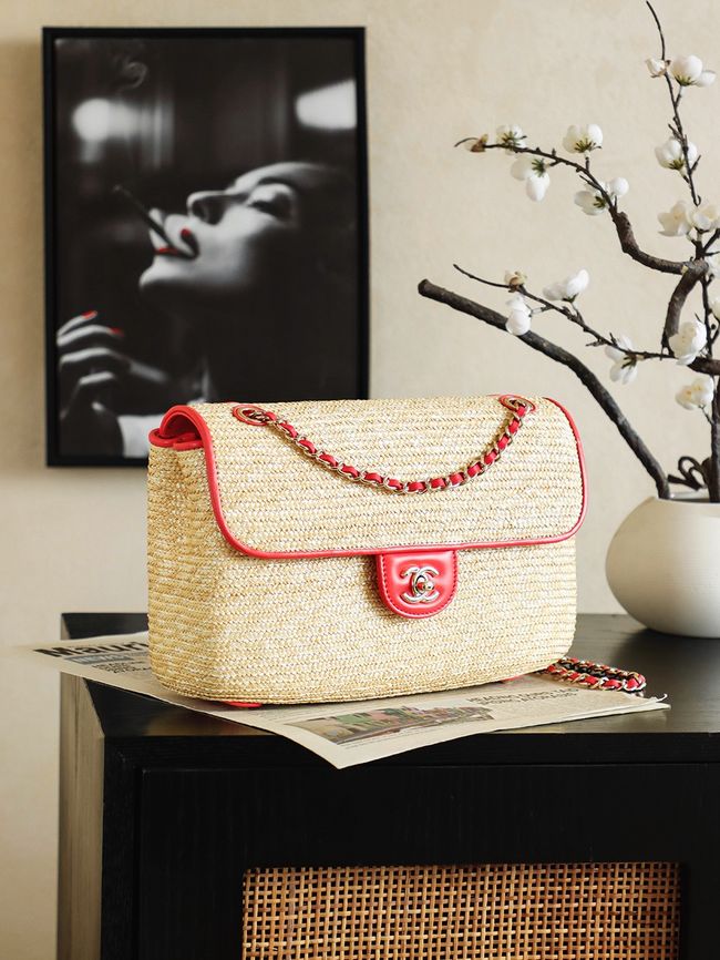 CHANEL medium Flapbag Braided Straw 66992 red