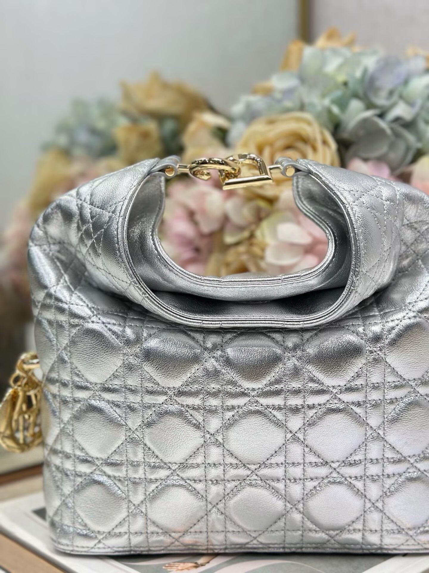 DIOR Original Leather Tote Handbag 1538 Silver