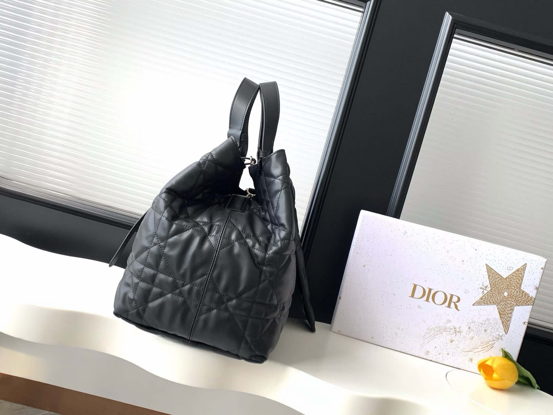 LARGE DIOR TOUJOURS BAG Latte Macrocannage Calfskin M6233 Black