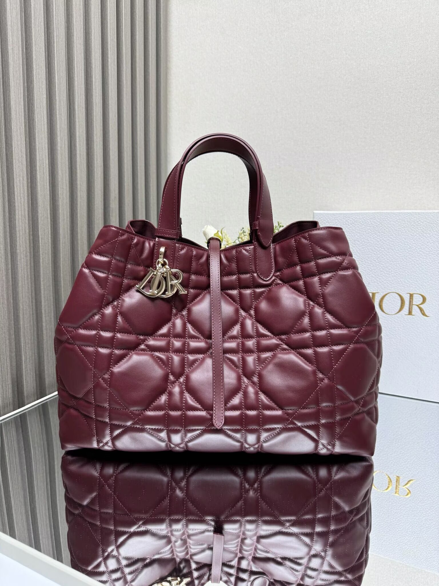 LARGE DIOR TOUJOURS BAG Latte Macrocannage Calfskin M6233 Wine