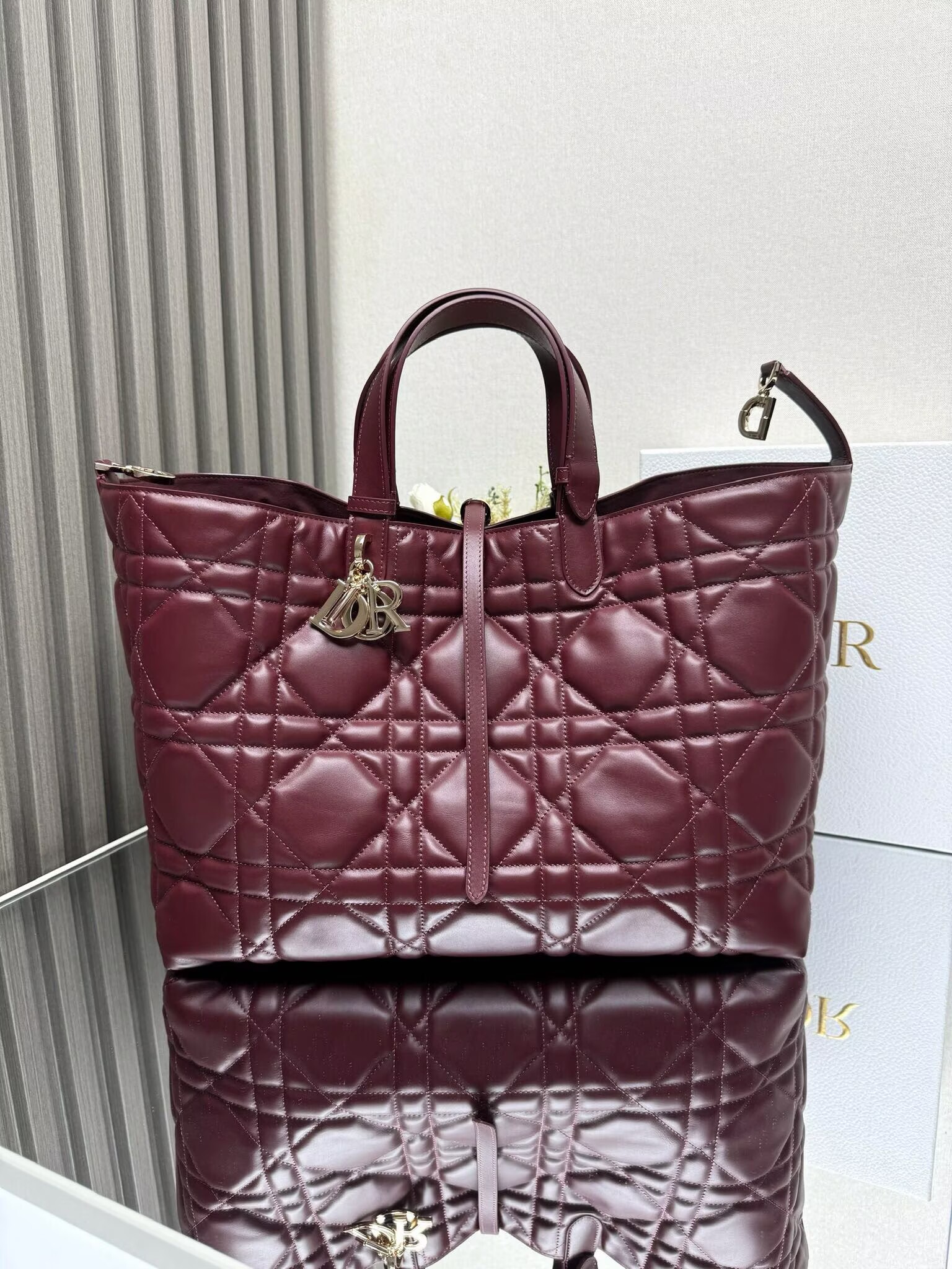 LARGE DIOR TOUJOURS BAG Latte Macrocannage Calfskin M6233 Wine