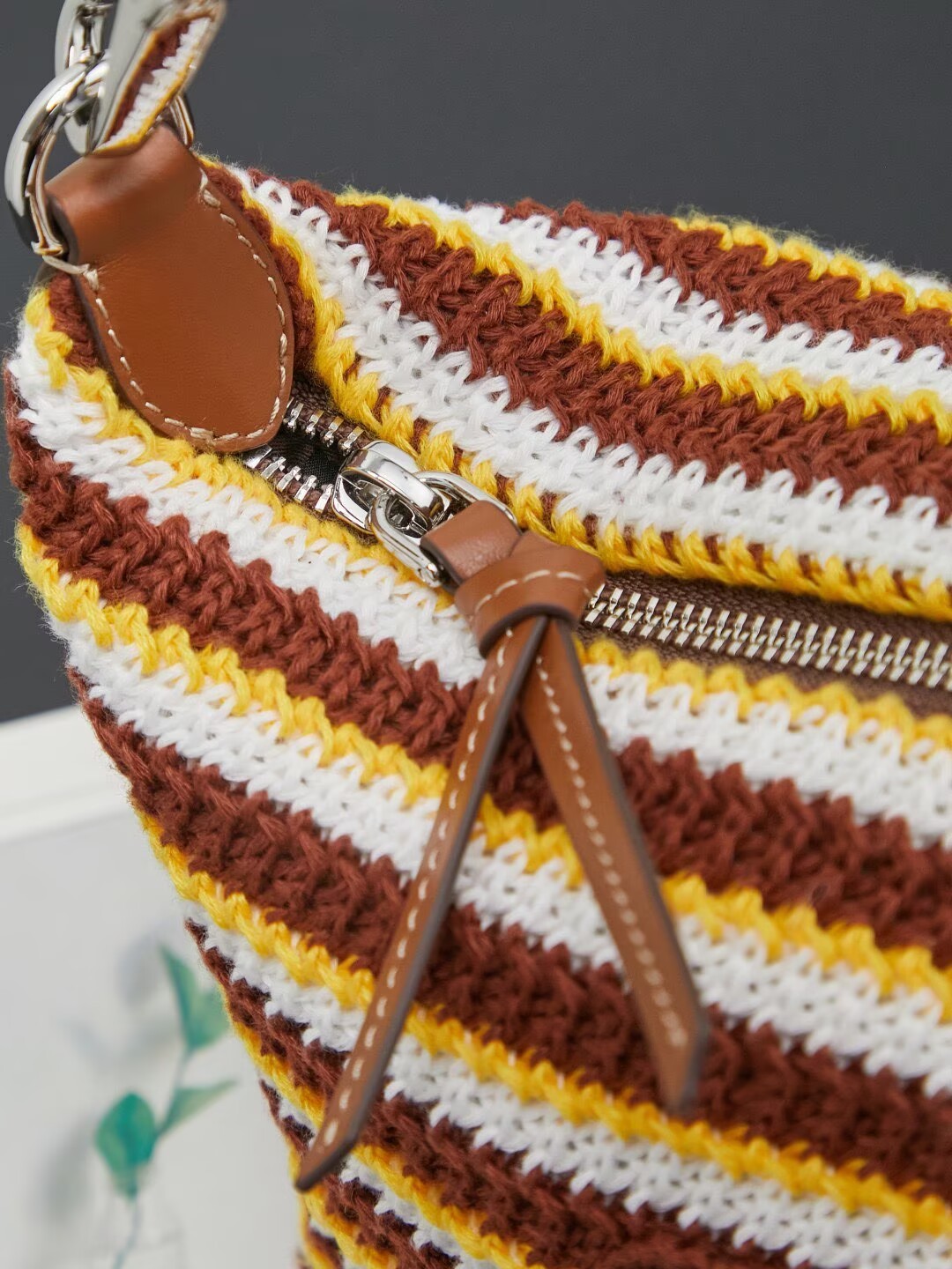 Miumiu Rainbow Weaving Top handle bag 5NE841 Brown&Yellow&White Fabric