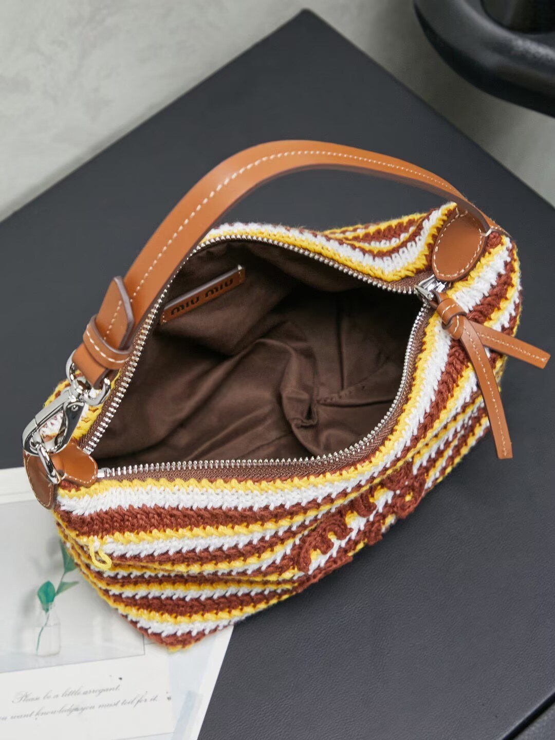 Miumiu Rainbow Weaving Top handle bag 5NE841 Brown&Yellow&White Fabric