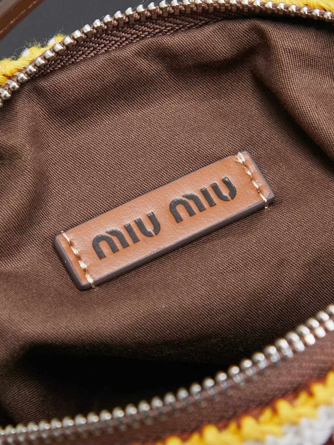 Miumiu Rainbow Weaving Top handle bag 5NE841 Brown&Yellow&White Fabric