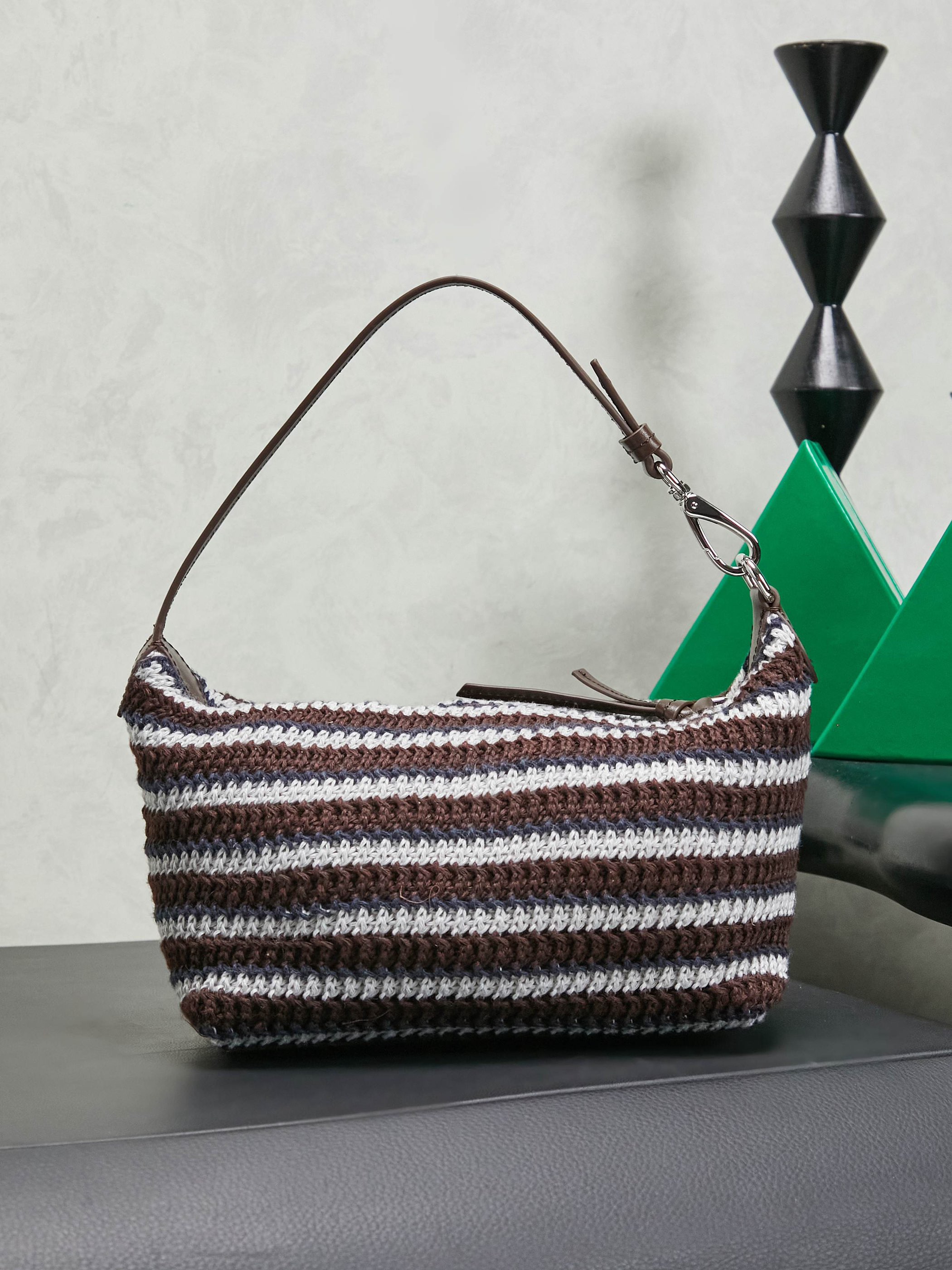 Miumiu Rainbow Weaving Top handle bag 5NE841 Dark Brown&Navy&White Fabric