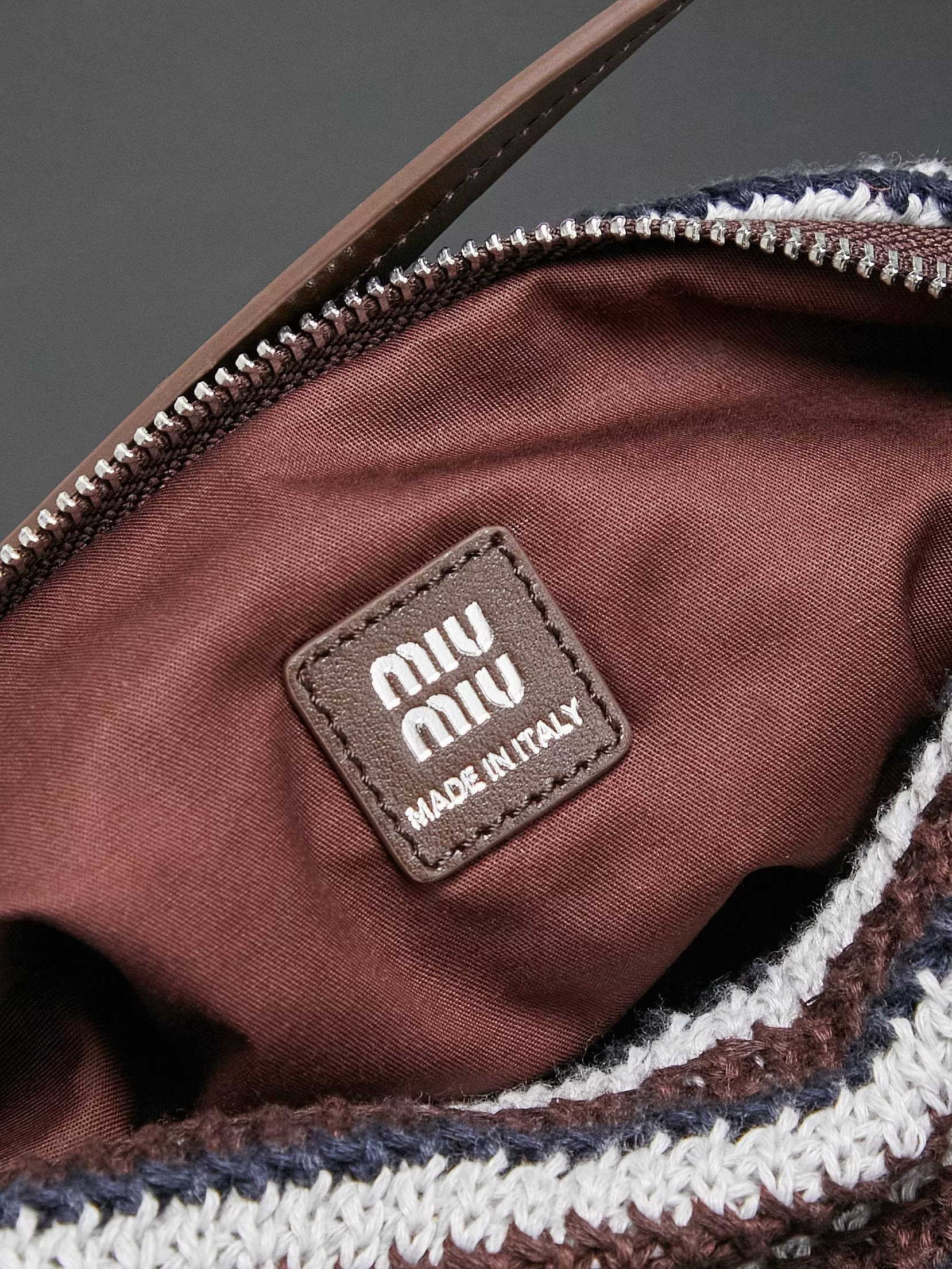Miumiu Rainbow Weaving Top handle bag 5NE841 Dark Brown&Navy&White Fabric