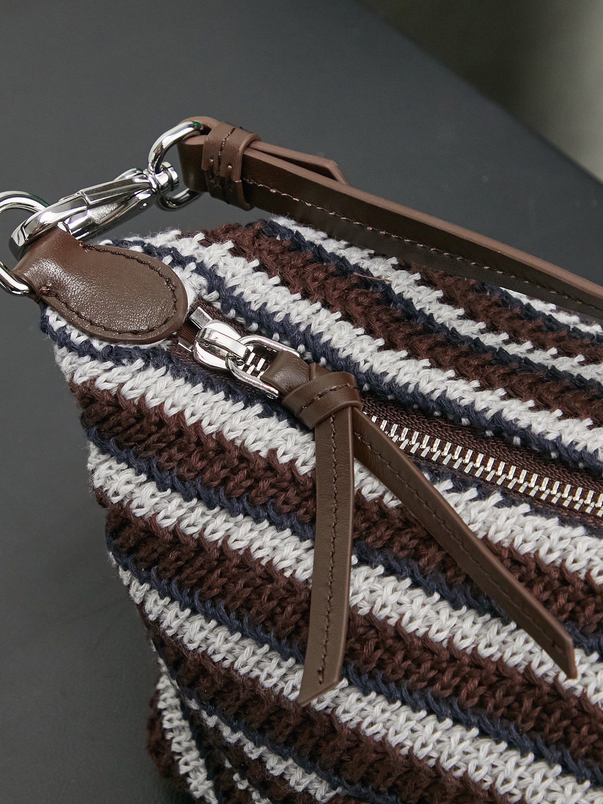 Miumiu Rainbow Weaving Top handle bag 5NE841 Dark Brown&Navy&White Fabric