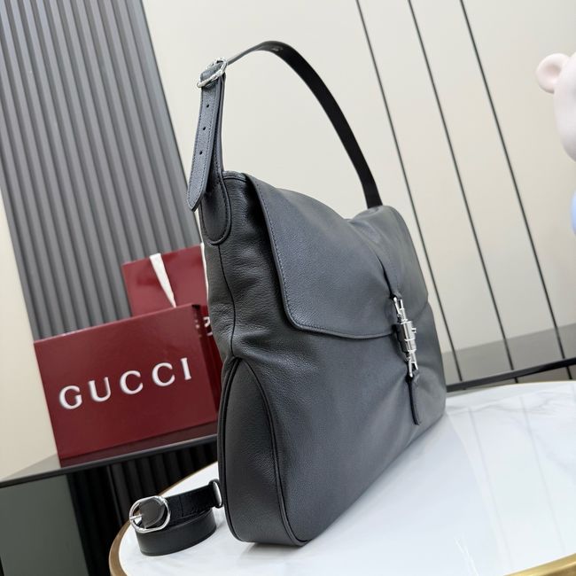 Gucci Jackie Flap large crossbody bag A005ZI black grainy leather