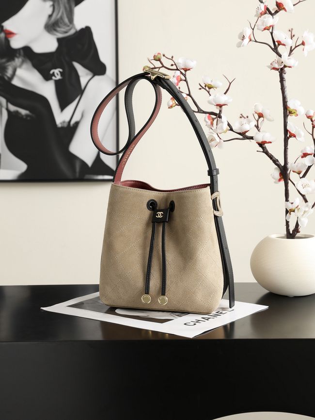Chanel Suede Calfskin Bucket Bag AS6584 Dark Beige & Black