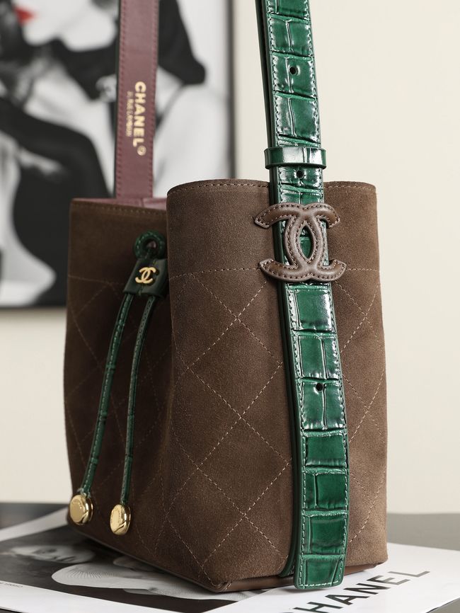 Chanel Suede Calfskin Bucket Bag AS6537 dark brown