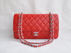 Chanel Classic 2.55 Series Red Lambskin Silver Chain Quilted Flap Bag 1113